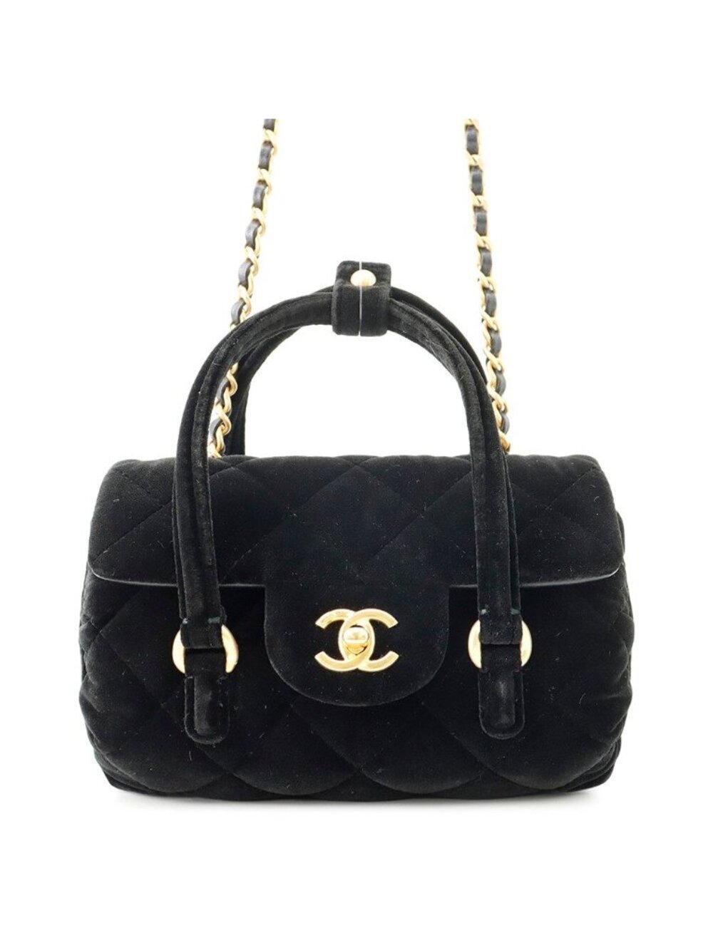 Chanel Chain Shoulder Bag Mini Flap CC Logo Quilted Velvet Black
